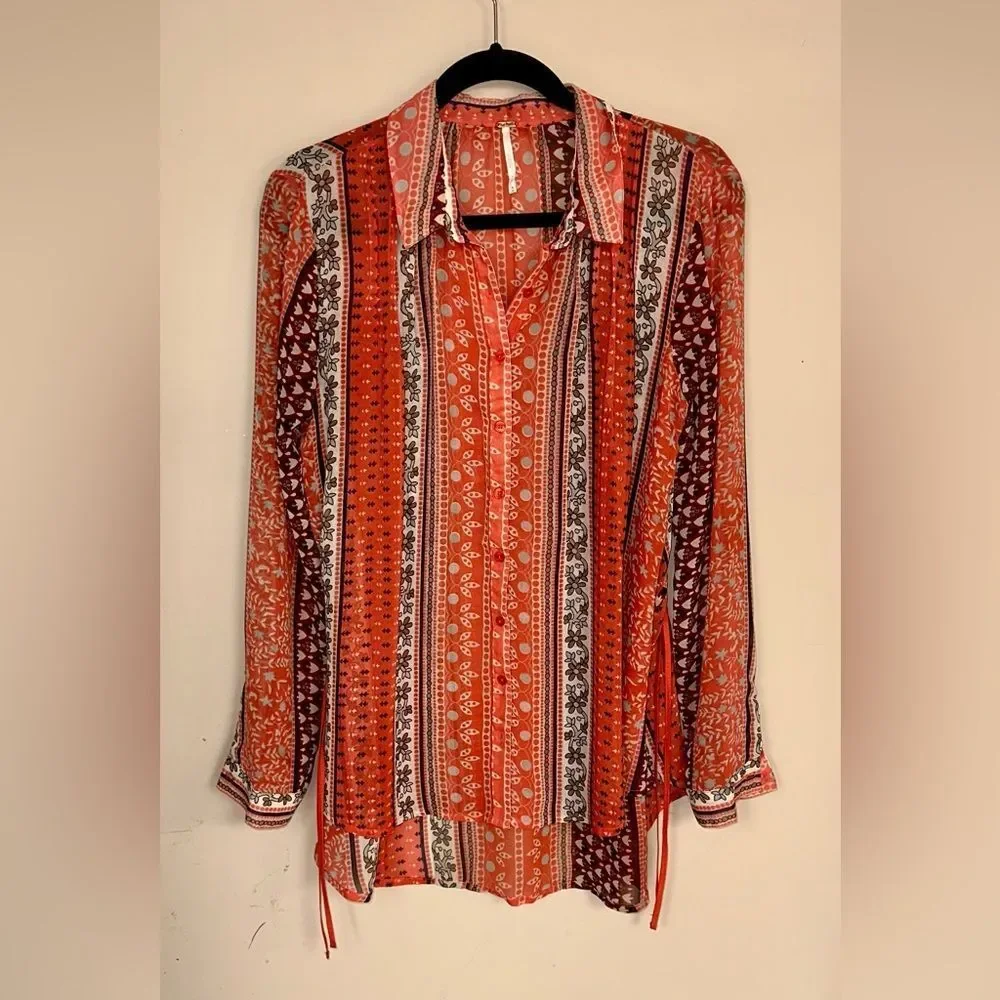 Free People Red, White & Black Sheer Patterned Blouse